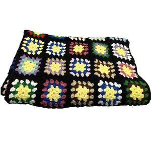 Granny Square Handmade Afghan Blanket Multicolor 42x55" Roseanne Black Trim VTG